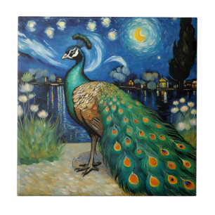 Peacock in the Starry Night by Van Gogh Ceramic Tile