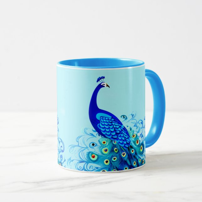 Peacock in Turquoise and Cobalt Blue Mug (Front Right)