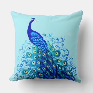 Peacock in Turquoise and Cobalt Blue Throw Pillow