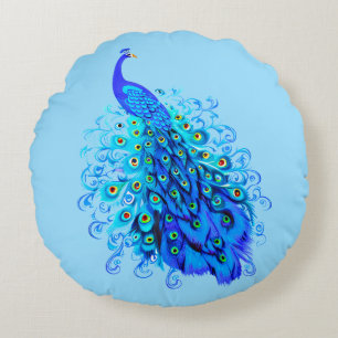Peacock in Turquoise, Cobalt Blue and Aqua Round Pillow