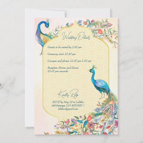 Peacock Indian Hindu wedding invite details RSVP