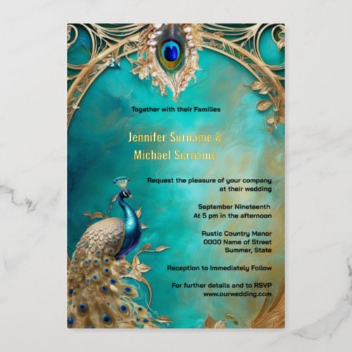 Peacock indian wedding vintage luxury chic frame foil invitation