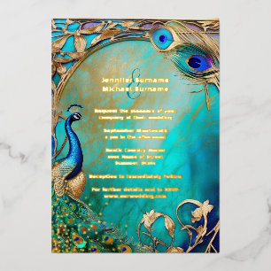Peacock iridiscent feathers art nouveau luxury  foil invitation