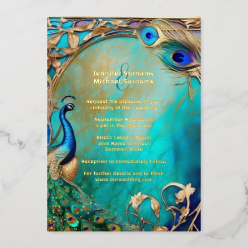 Peacock iridiscent feathers art nouveau luxury  foil invitation