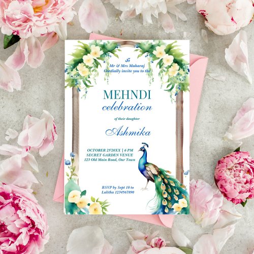 Peacock jasmine arch Indian wedding mehndi Invitation