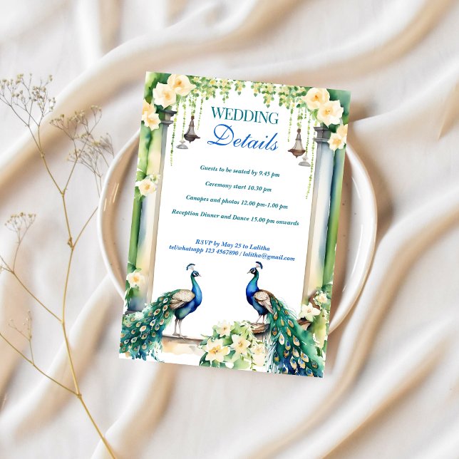 Peacock  jasmine Indian wedding details RSVP card (Indian wedding RSVP wedding details card template instant digital download peacock jasmine garden)