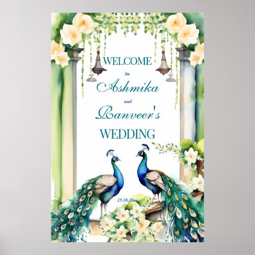 Peacock  jasmine Indian wedding welcome sign