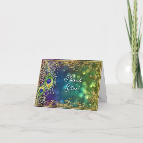 Peacock Jewel Feathers Vintage Sparkle Thank You Card