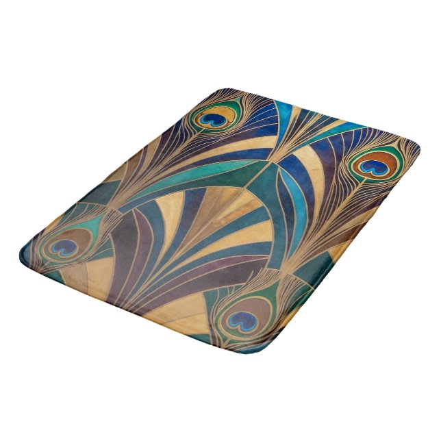 Peacock Jewel Tone Art Deco Feather Bath Mat (Angled)