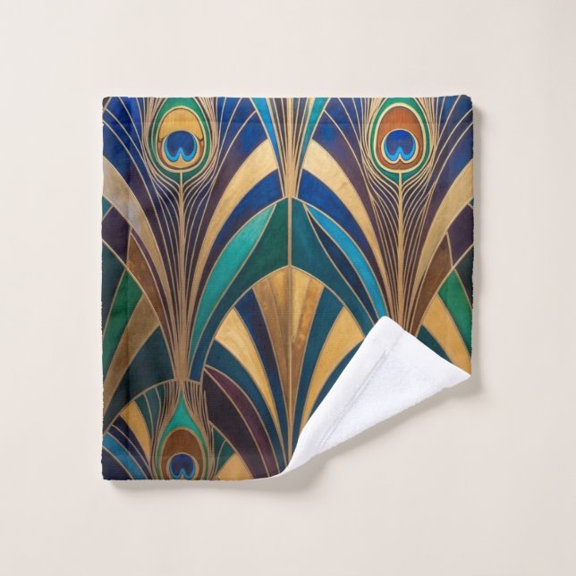 Peacock Jewel Tone Art Deco Feather Bath Towel Set (Wash Cloth)