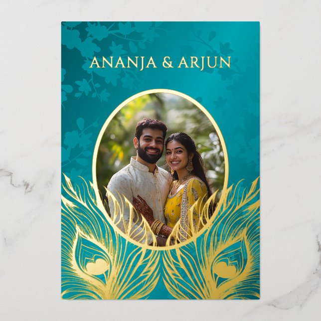 Peacock Jewel Tone Gold Wedding  Foil Invitation (Front)