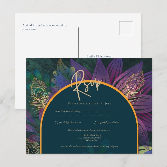 Peacock Jewel Tones Green Blue Wedding Postcard (Front/Back)
