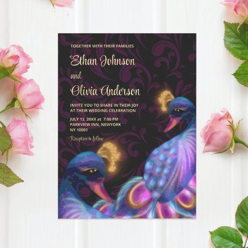 Peacock Jewel Tones Wedding Floral Moody purple Foil Invitation