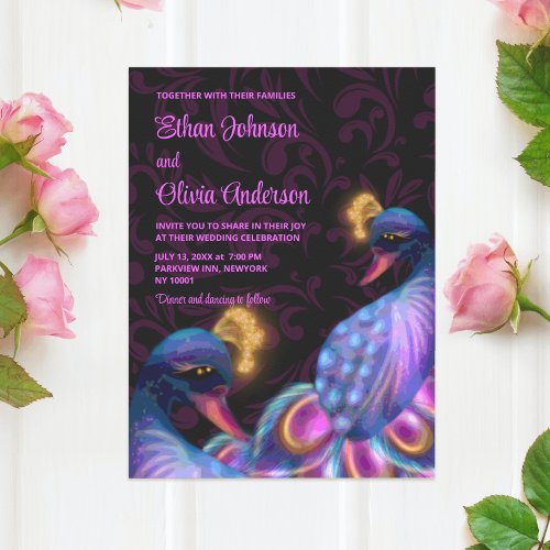 Peacock Jewel Tones Wedding Floral Moody purple Invitation