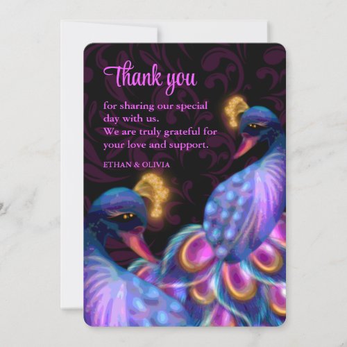 Peacock Jewel Tones Wedding Floral Moody purple Thank You Card