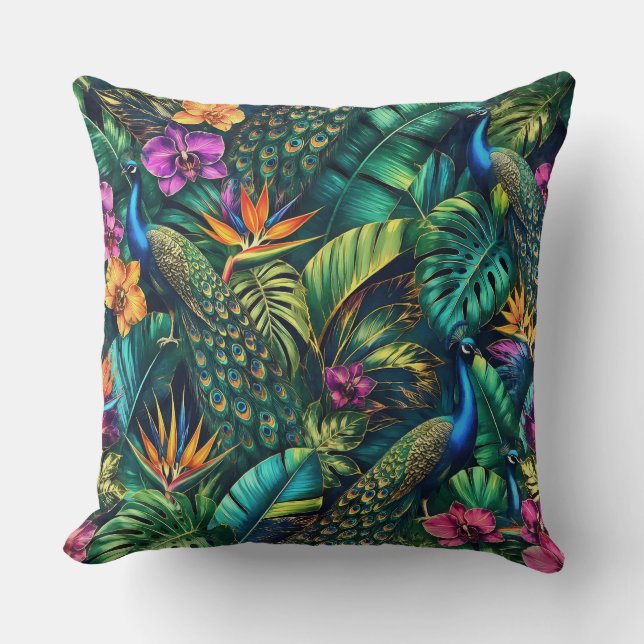 Peacock Jungle Dreams Seamless Surface Pattern Throw Pillow (Front)