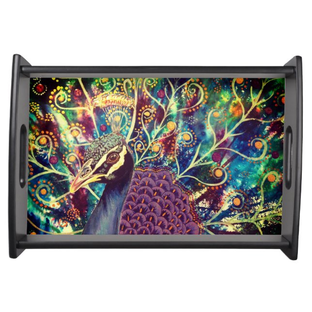 Peacock kaleidoscope colorful boho artistic serving tray (Front)