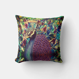Peacock kaleidoscope colorful boho artistic throw pillow
