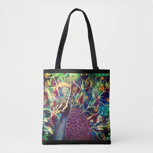 Peacock kaleidoscope colorful boho artistic tote bag (Front)