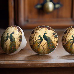 Peacock Klimt Gold Green Decor Art Nouveau Ceramic Knob