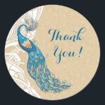 Peacock Lace Elegance 2 Thank You Wedding Stickers<br><div class="desc">Elegant Peacock and lace wedding Thank You Seal Stickers with an Art Nouveau feel. Lovely Aqua and teal tones with white scrolled side panel. Background is a delicate tone on tone lace floral over sand color. Other matching items in my store.</div>
