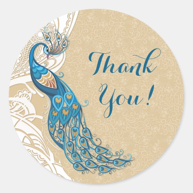 Peacock Lace Elegance 2 Thank You Wedding Stickers (Front)
