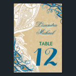 Peacock Lace Elegance 2 Wedding Table Number Card<br><div class="desc">Elegant Peacock and lace wedding Numbered Table card with an Art Nouveau feel. Lovely Aqua and teal tones with white scrolled side panel. Background is a delicate tone on tone lace floral over sand color. Matching card back. Customize the names and the number on both sides. Other matching items available...</div>