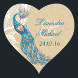 Peacock Lace Elegance Wedding Stickers<br><div class="desc">Elegant Peacock and lace wedding Seal Stickers with an Art Nouveau feel. Lovely Aqua and teal tones with white scrolled side panel. Background is a delicate tone on tone lace floral over sand color. Customize the names and the wedding date. Other matching items in my store.</div>