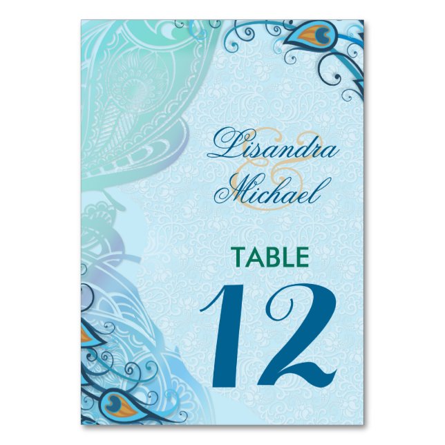Peacock Lace Elegance Wedding Table Number Card (Front)