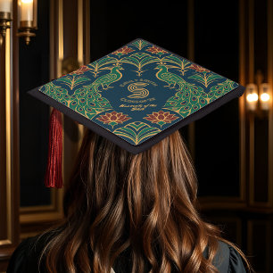 Peacock Lotus Art Deco Elegant Monogram Glamorous Graduation Cap Topper