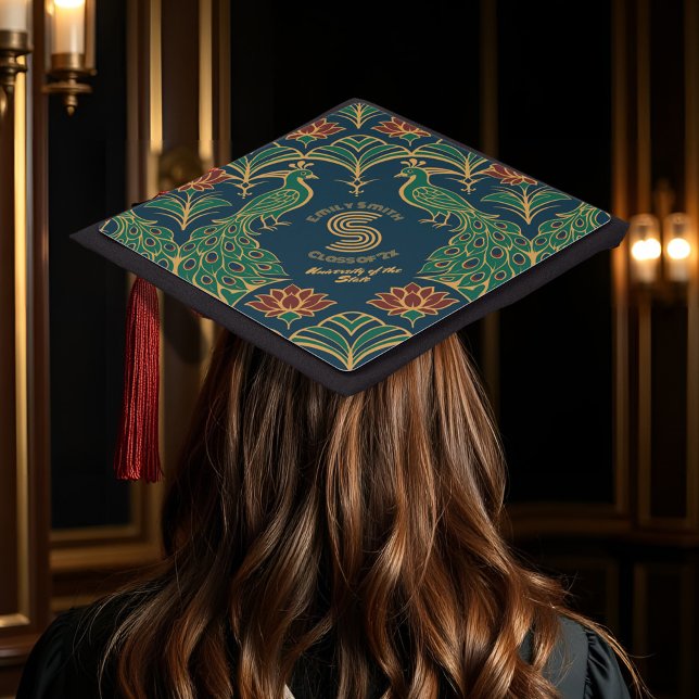 Peacock Lotus Art Deco Elegant Monogram Glamorous Graduation Cap Topper (Graduation cap topper decorated with peacocks and lotus blossoms in an elegant art deco style)