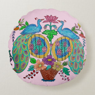 Peacock Lotus Folk Art Round Pillow