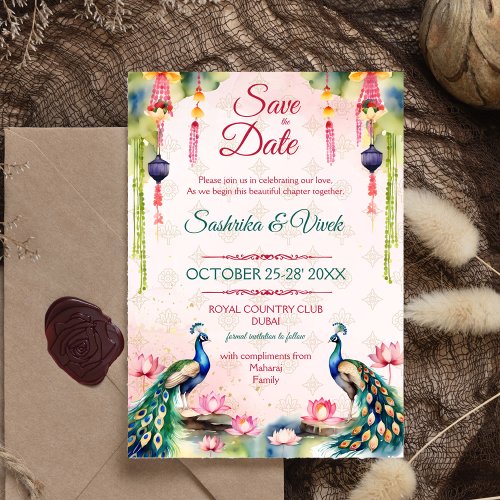 Peacock lotus Indian wedding save the date Invitation