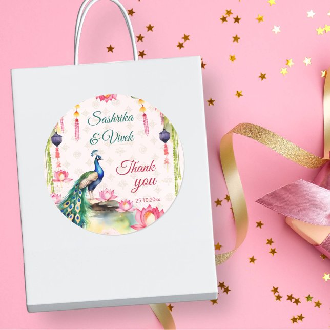 Peacock lotus Indian wedding thank you favor Classic Round Sticker (Peacock lotus Indian wedding thank you favor gift Sticker thank you stickers wedding stickers)