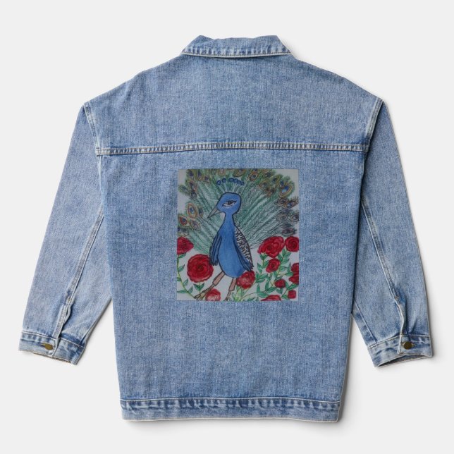 Peacock love rose drawing denim jacket (Back)