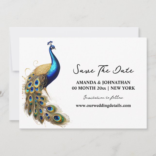 Peacock luxurious bird white gold minimalist chic save the date (Front)