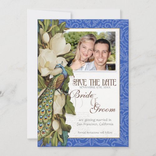 Peacock Magnolia Floral Swirl Damask Wedding Invitation