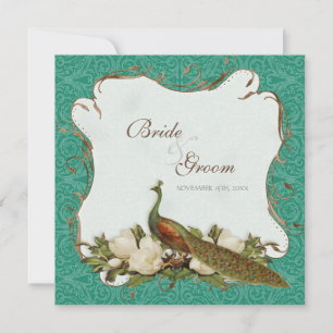 Peacock Magnolia Floral Swirl Damask Wedding Invitation