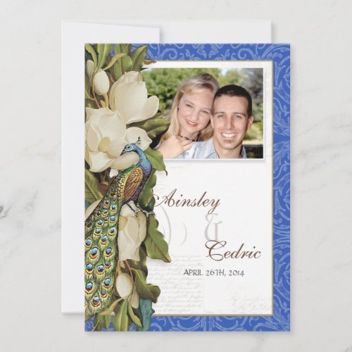 Peacock Magnolia Floral Swirl Damask Wedding Invitation