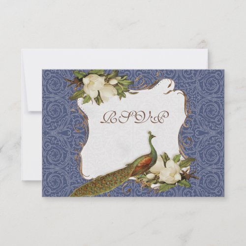 Peacock Magnolia Floral Swirl Damask Wedding Navy RSVP Card