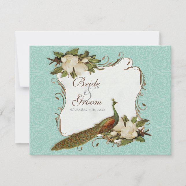 Peacock Magnolia Floral Swirl Damask Wedding RSVP Card (Front)