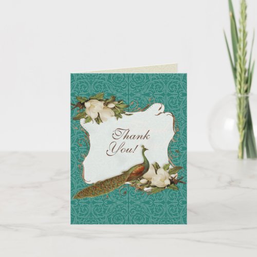 Peacock Magnolia Floral Swirl Damask Wedding Thank You Card