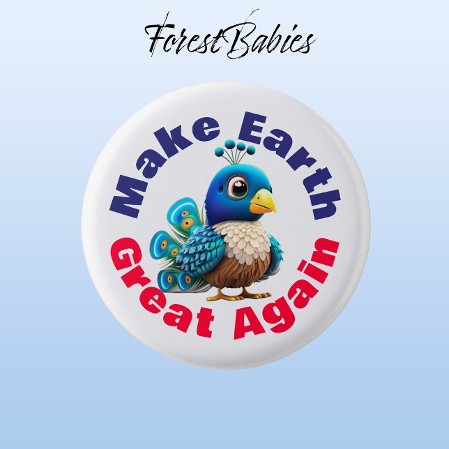 Peacock, Make Earth Great Again, Cute Animal Button (Peacock 👁‍🗨 ForestBabies Button)