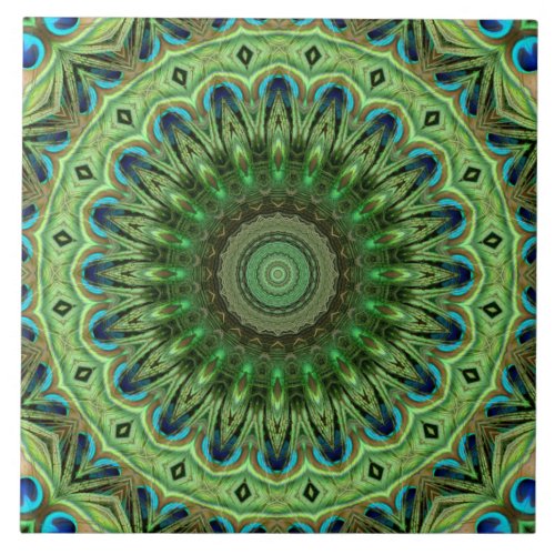 Peacock Mandala Kaleidoscope Medallion Flower Ceramic Tile