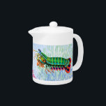 Peacock Mantis Shrimp Teapot<br><div class="desc">Original fine art painting of colorful Peacock Mantis Shrimp by designer Carolyn McFann of Two Purring Cats Studio printed on a quality porcelain teapot for sushi, saltwater aquarium and coral reef invertebrate fans.</div>