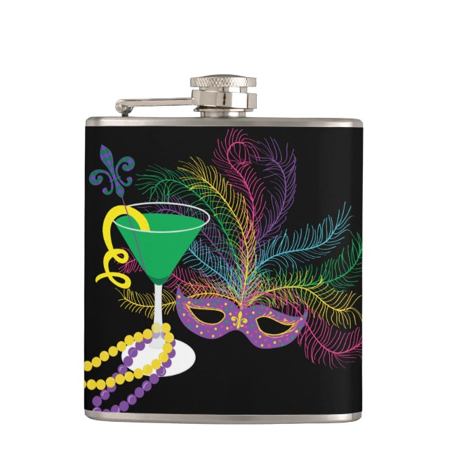 Peacock Mask and Martini Mardi Gras Hip Flask (Front)