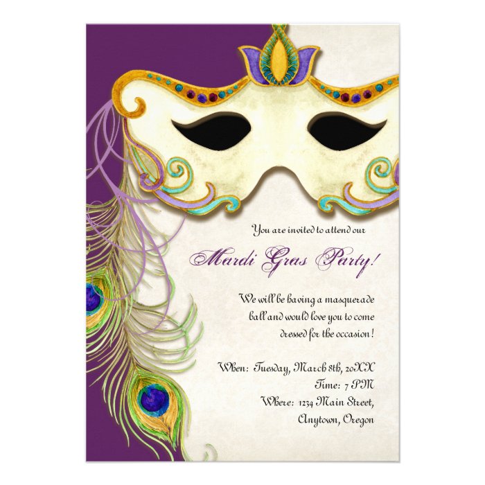 Peacock Masquerade Mask Ball   Mardi Gras Party Announcement