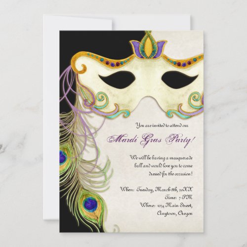 Peacock Masquerade Mask Ball - Mardi Gras Party Custom Invites