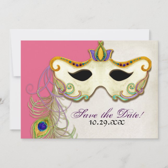 Peacock Masquerade Mask Ball - Save the Date Card (Front)