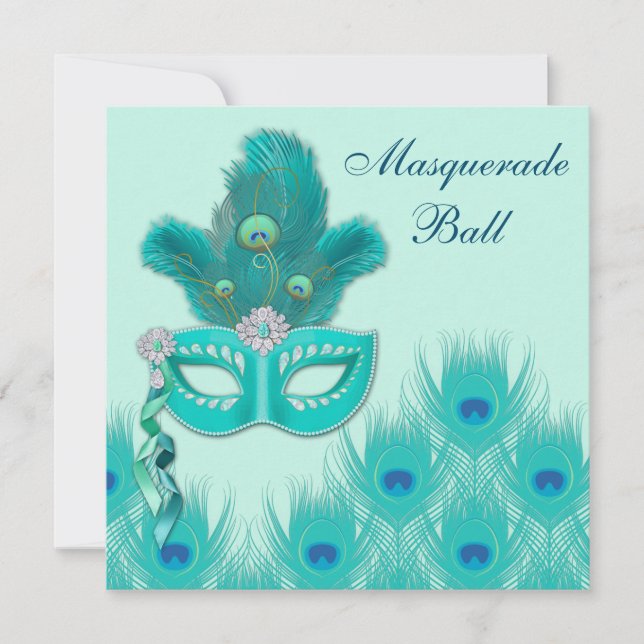 Peacock Masquerade Party Ball Blue Green Aqua Invitation (Front)